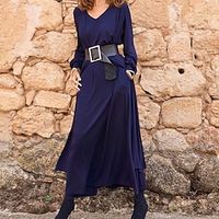 Women's Casual Dress Swing Dress Long Dress Maxi Dress Blue Red Black Long Sleeve Pure Color Ruched Winter Fall V Neck Basic Elegant Casual Fall Dress 2022 S M L XL / Winter Dress miniinthebox - thumbnail