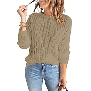 Women's Pullover Sweater jumper Jumper Ribbed Knit Knitted Hole Pure Color Crew Neck Stylish Casual Outdoor Daily Winter Fall Khaki S M L  Long Sleeve  Holiday  Regular Fit  Going out Lightinthebox
