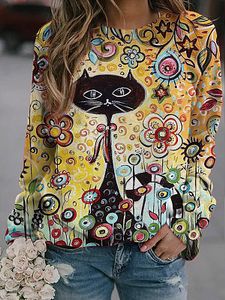 Round Neck Cat Print Long Sleeve T-shirt