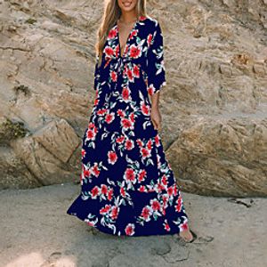 Women's A Line Dress Maxi long Dress Wine Red Bean Green Blue Yellow Blushing Pink Green White Black Red Navy Blue Half Sleeve Floral Print Fall V Neck Daily 2021 S M L XL XXL miniinthebox