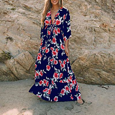 Women's A Line Dress Maxi long Dress Wine Red Bean Green Blue Yellow Blushing Pink Green White Black Red Navy Blue Half Sleeve Floral Print Fall V Neck Daily 2021 S M L XL XXL miniinthebox