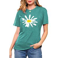 Women's T shirt Floral Graphic Daisy Print Round Neck Basic Vintage Tops Blue Blushing Pink Wine Lightinthebox - thumbnail