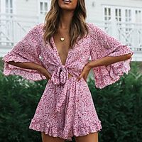 Women's Active Casual Holiday Street Vacation Going out V Neck Ruffle Pink Romper Floral Lace up Ruffle Cut Out  Print Lightinthebox - thumbnail