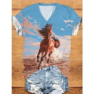Women's T shirt Tee Animal Blue Print Short Sleeve Daily Weekend Fashion V Neck Regular Fit Summer Lightinthebox