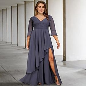 A-Line Plus Size Curve Mother of the Bride Dresses Elegant Dress Formal Asymmetrical 34 Length Sleeve V Neck Chiffon with Pleats Ruched Slit 2023 Lightinthebox