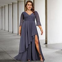 A-Line Plus Size Curve Mother of the Bride Dresses Elegant Dress Formal Asymmetrical 34 Length Sleeve V Neck Chiffon with Pleats Ruched Slit 2023 Lightinthebox - thumbnail