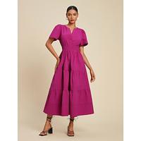 Women's Cotton Burgundy Puffed Sleeve V Neck Maxi Dress Casual Dress