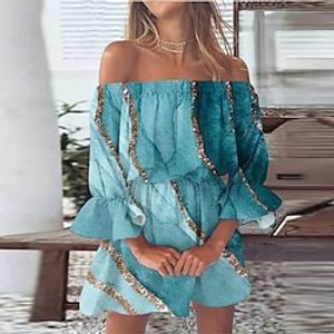 Women's A Line Dress Short Mini Dress Blue 34 Length Sleeve Color Gradient Backless Ruffle Print Spring Summer Off Shoulder Vacation 2022 S M L XL XXL Lightinthebox