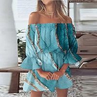 Women's A Line Dress Short Mini Dress Blue 34 Length Sleeve Color Gradient Backless Ruffle Print Spring Summer Off Shoulder Vacation 2022 S M L XL XXL Lightinthebox - thumbnail