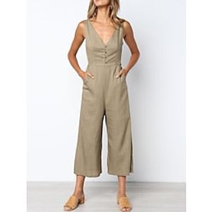 Women's Jumpsuit Pocket Solid Color V Neck Streetwear Office Work Regular Fit Sleeveless Black White Khaki S M L Summer Lightinthebox