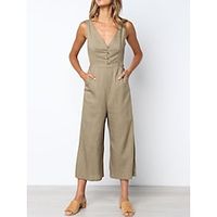Women's Jumpsuit Pocket Solid Color V Neck Streetwear Office Work Regular Fit Sleeveless Black White Khaki S M L Summer Lightinthebox - thumbnail