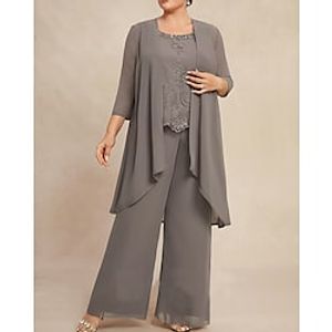 Women's Plus Size Tops Plus Size Set Solid Color 34 Length Sleeve Square Neck Casual Daily Vacation Chiffon Fall Winter Gray Lightinthebox