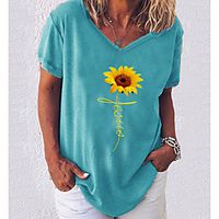 Women's T shirt Floral Flower Printing V Neck Tops Cotton White Blue Army Green miniinthebox - thumbnail