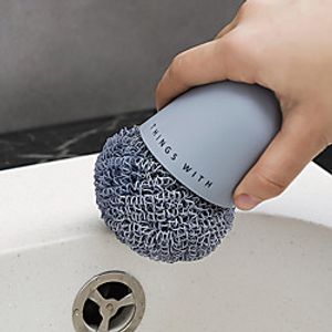 1set Steel Wire Ball Cleaning Brush with Handle Kitchen Cleaner Tool For Washing Pot Dish Pan Bowl Scouring Pads Practicle Brush miniinthebox
