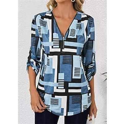Women's Shirt Blouse Geometric Blue Print Quarter Zip Long Sleeve Casual Fashion V Neck Regular Fit Spring   Fall Lightinthebox