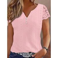 T shirt Tee Women's White Pink Green Plain Lace Cut Out Street Daily Fashion V Neck Regular Fit S Lightinthebox