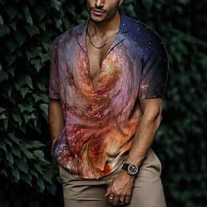 Men's Shirt Summer Hawaiian Shirt Galaxy Graphic Prints Cuban Collar Yellow Blue Purple Casual Holiday Short Sleeve Button-Down Print Clothing Apparel Sports Fashion Streetwear Designer miniinthebox