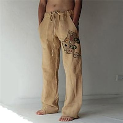 Men's Casual Fashion Straight Trousers Elastic Drawstring Design Front Pocket Print Pants Casual Daily Graphic Prints Poker Comfort Soft Mid Waist Brown S M L XL XXL  Beach Lightinthebox