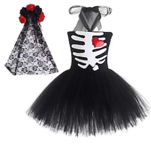 Kids Little Girls' Dress Graphic Patterned A Line Dress Halloween Performance Pleated Mesh Lace Black Knee-length Sleeveless Costume Dresses Halloween Summer Regular Fit 3-12 Years miniinthebox