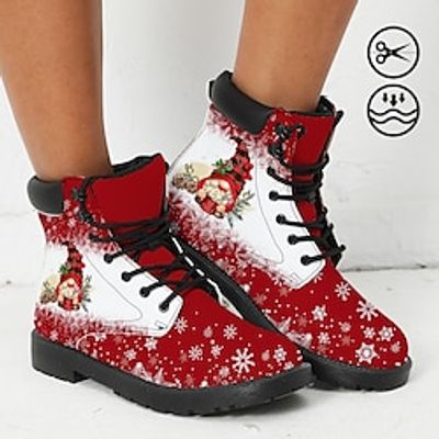 Women's Boots Print Shoes Xmas Shoes Combat Boots Outdoor Christmas Xmas Santa Claus Booties Ankle Boots Winter Flat Heel Round Toe Closed Toe Fashion Casual Faux Leather Lace-up Pink Red Purple miniinthebox