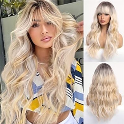 Ombre Blonde Wigs With Bangs Long Wavy Wigs for Women Natural Hair Long Wavy Wigs Synthetic Wig 24 INCH miniinthebox