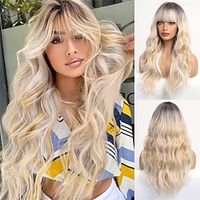 Ombre Blonde Wigs With Bangs Long Wavy Wigs for Women Natural Hair Long Wavy Wigs Synthetic Wig 24 INCH miniinthebox - thumbnail