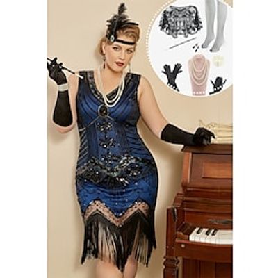 Retro Vintage Roaring 20s 1920s Flapper Dress Dress Outfits Flapper Headband Shawls The Great Gatsby Women's Sequins Tassel Fringe Cosplay Costume Plus Size Christmas Halloween Party / Evening Dress miniinthebox