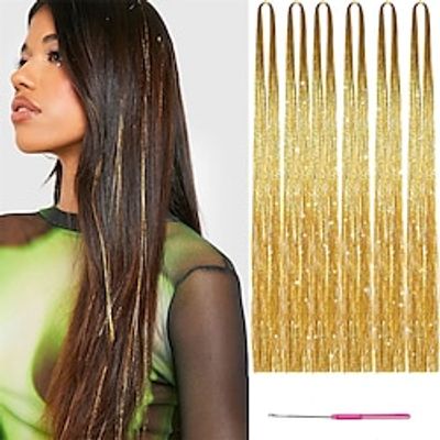 48 Inch Gold Hair Tinsel 6 Pieces Gold Hair Tinsel Heat Resistant Fairy Hair Tinsel Kit with Tool Glitter Tinsel Hair Extensions Sparkling Braiding Hair for Women Girls Festival Party Hair Accessories Lightinthebox