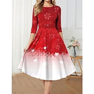 Women's Retro 1950s Vintage Dress Midi Dress Christmas Daily Print Snowflake Crew Neck 34 Length Sleeve Slim Spring Fall 2023 Wine Blue S M L XL Lightinthebox