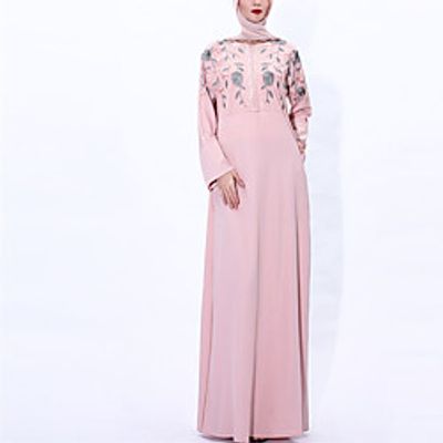 Women's Kaftan Dress Maxi long Dress Black Pink Wine Dark Green Red Long Sleeve Floral Embroidery Embroidered Pocket Spring Summer Crew Neck Elegant Muslim Ramadan Mesh S M L XL XXL miniinthebox