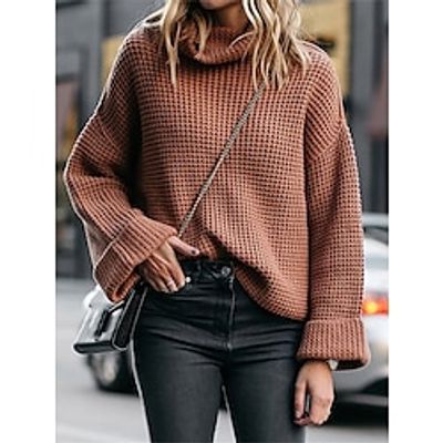 Women's Turtleneck Stylish Sweater Waffle Knit Oversized Solid Color Pullover Jumper Casual Outdoor Daily Fall Winter Black White S M Lightinthebox