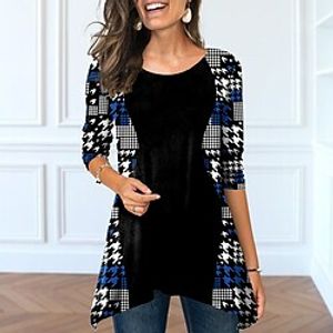 Women's T shirt Tee Green Blue Purple Plaid Color Block Flowing tunic Print Long Sleeve Casual Weekend Basic Round Neck Long Painting S Lightinthebox