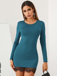 YOINS BASICS Crew Neck Lace Stitching Hem Long Sleeves Bodycon Dress