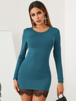 YOINS BASICS Crew Neck Lace Stitching Hem Long Sleeves Bodycon Dress - thumbnail