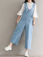 Casual Solid Strap V-Neck Denim Jumpsuits Rompers For Women