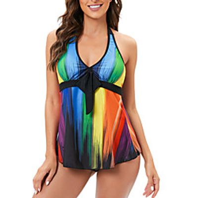Women's Swimwear Tankini 2 Piece Plus Size Swimsuit Open Back Print Rainbow Rainbow Camisole Plunge Bathing Suits New Vacation Fashion / Modern / Padded Bras miniinthebox