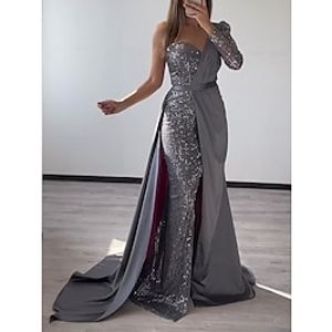 Sheath  Column Evening Gown Party Dress Formal Sweep  Brush Train Long Sleeve One Shoulder Sequined with Glitter Slit 2023 Lightinthebox