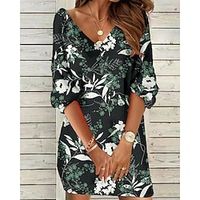 Women's Sweatshirt Dress Shift Dress Mini Dress Green Black Blue 3/4 Length Sleeve Graphic Print Winter Fall Spring V Neck Fashion Vacation Weekend 2022 S M L XL 2XL 3XL miniinthebox - thumbnail