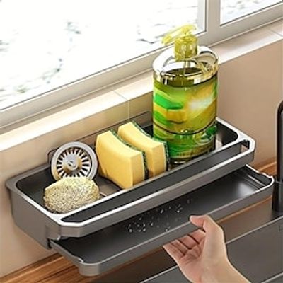 1pc Kitchen Sink Sponge Drain Rack, Punching-free Towel Hanger, Multi-functional Plastic Storage Rack For Sponge Soap And Brush, Kitchen Accessories Lightinthebox