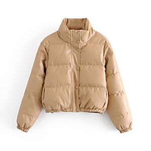 Women's Coat Solid Color Zipper Casual  Daily Fall Coat Regular Daily Wear PU Coat Tops Black Lightinthebox