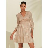 Gold Jacquard A-Line V Neck Dress