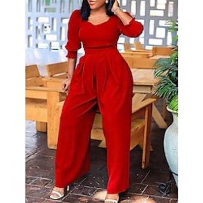 Women's Jumpsuit High Waist Solid Color Square Neck Active Daily Vacation Regular Fit Long Sleeve Black White Red S M L Fall miniinthebox