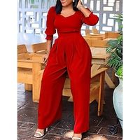 Women's Jumpsuit High Waist Solid Color Square Neck Active Daily Vacation Regular Fit Long Sleeve Black White Red S M L Fall miniinthebox - thumbnail