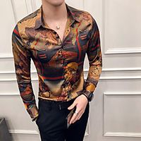 Men's Shirt Romantic Pattern Collar Shirt Collar Going out Casual / Daily Long Sleeve Slim Tops Personalized Vintage Holiday Camel / Work miniinthebox - thumbnail