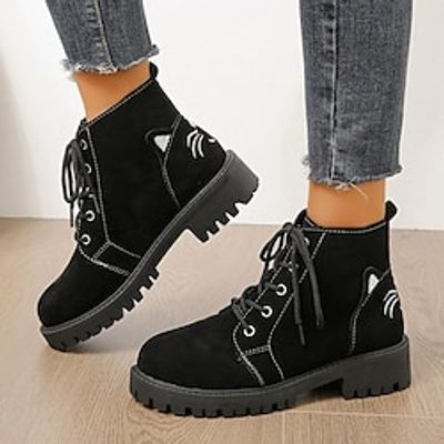 Women's Boots Combat Boots Outdoor Daily Booties Ankle Boots Embroidery Chunky Heel Round Toe Vintage Elegant Casual PU Lace-up Loafer Cat Black Lightinthebox