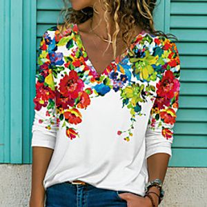 Women's Floral Theme Painting T shirt Floral Print V Neck Basic Tops White / 3D Print miniinthebox