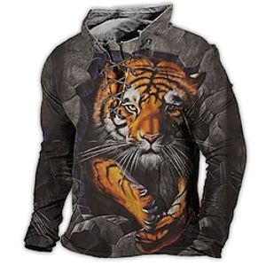 Men's Sweatshirt Pullover Blue Purple Brown Green Standing Collar Tiger Graphic Prints Lace up Sports  Outdoor Casual Daily 3D Print Basic Streetwear Designer Spring   Fall Clothing Apparel Hoodies miniinthebox