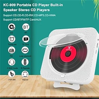 KC-909 Portable CD Player Built-in Speaker Stereo CD Players with Double 3.5mm Headphones Jack LED Screen Wall Mountable CD Music Player with IR Remote Control Supports CDBTFMTF CardAUX Lightinthebox