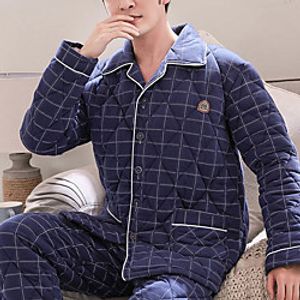 Men's Warm Breathable Loungewear Pajamas Sets Sleepwear Home Bed Basic Grid  Plaid Polyester Simple Fashion Soft Winter Lapel Long Sleeve Long Pant Lightinthebox