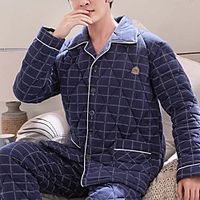 Men's Warm Breathable Loungewear Pajamas Sets Sleepwear Home Bed Basic Grid  Plaid Polyester Simple Fashion Soft Winter Lapel Long Sleeve Long Pant Lightinthebox - thumbnail